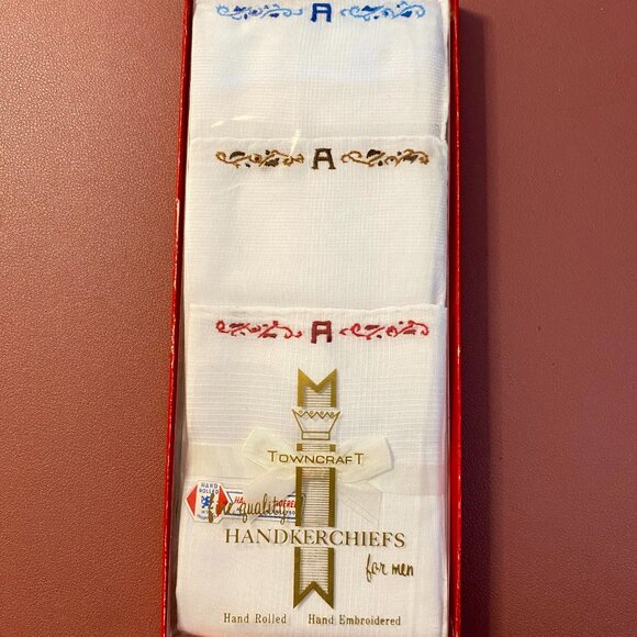 Vintage Towncraft 100% Cotton A Monogrammed Embroidered Handkerchief 3 Pack NIB - Picture 3 of 3